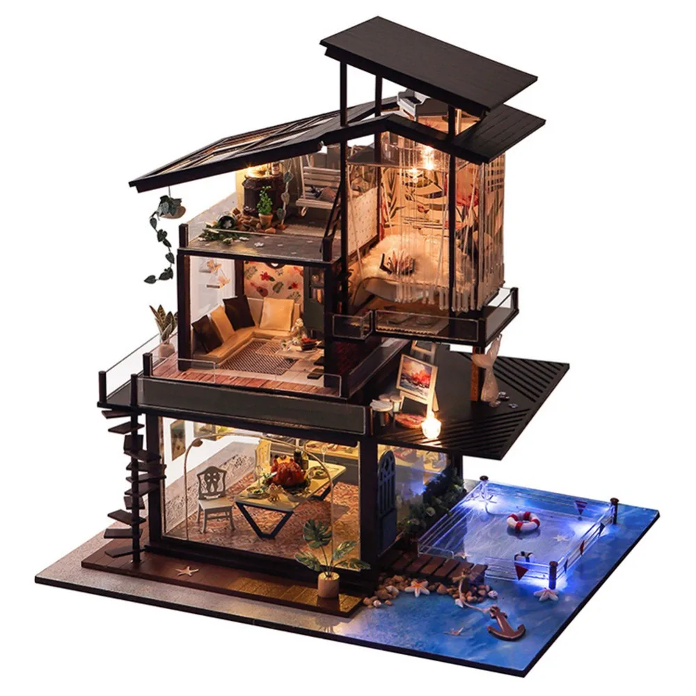 DIY Doll House Cottage Valencia Coast Villas With Musical Movement Without Dust Cover