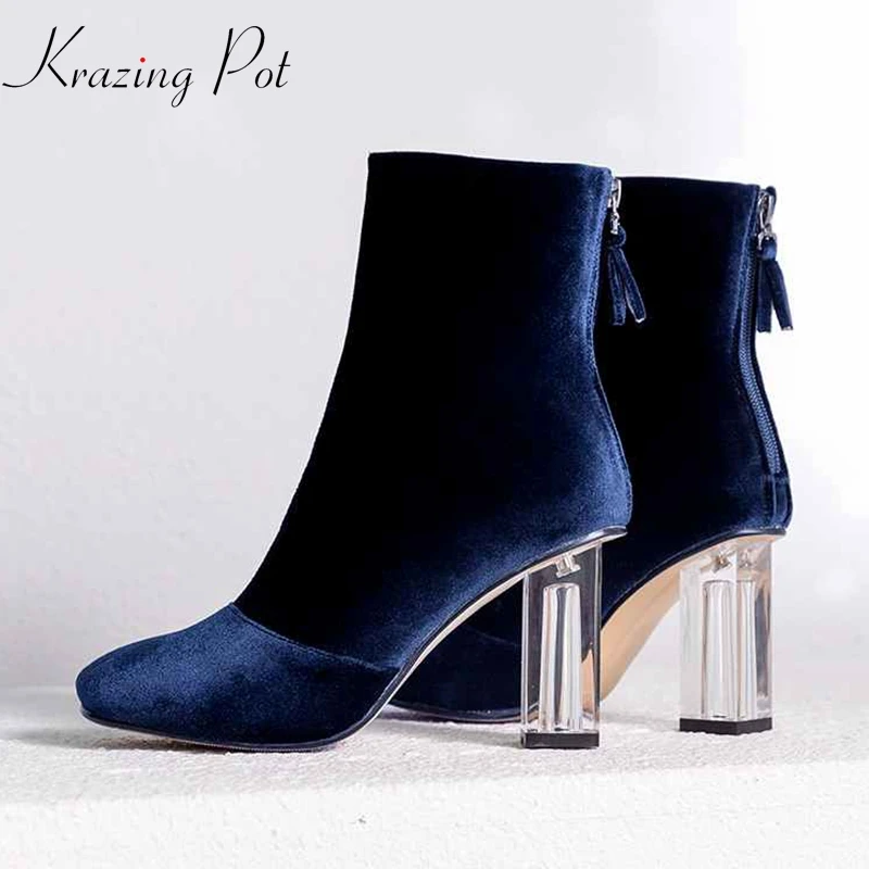 

Krazing Pot flock high quality Chelsea boots Winter square toe high heels original design Princess crystal shoes ankle boots L15