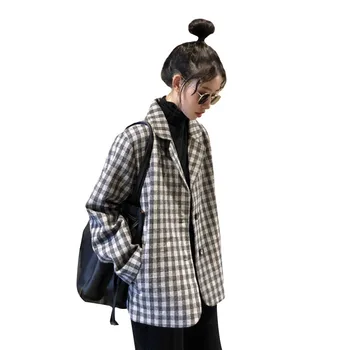 

Women's Suit Korean Version Spring Autumn New Retro Plaid Small Suit Loose Long-Sleeved Wild Casual Suit Jacket Student Tide A97