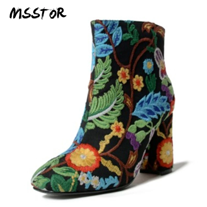 

MSSTOR Embroider Ankle Boots Women Fashion Thick Heels Plus Size 43 High Heels Boots Women Elegant Round Toe Shoes Woman Winter