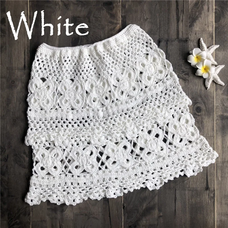 CROCHET BIKINI Fashion Summer Women Cotton Hollow-Out Beach Handmade Flower sexy swimsuit Solid Color A-Line Skirt Free