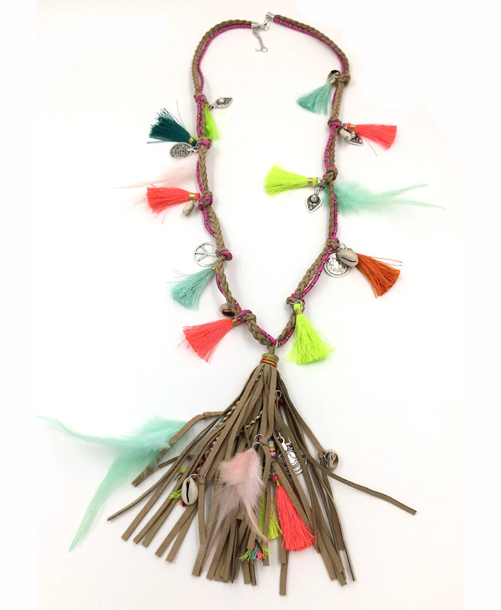 New Boho chic Jewelry Leather Fringe Tassel Pendents Bohemia Long Necklaces SilkvTassel Charm Feather Charm Ethnic Necklace