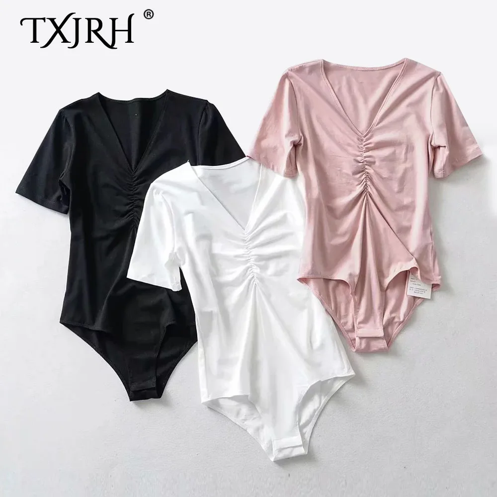 

TXJRH Sexy Deep V-Neck Fold Body Siamese Short Sleeve Skinny Tight Rompers Bodysuits Fashion Slim Undershirt Playsuits 3 Color