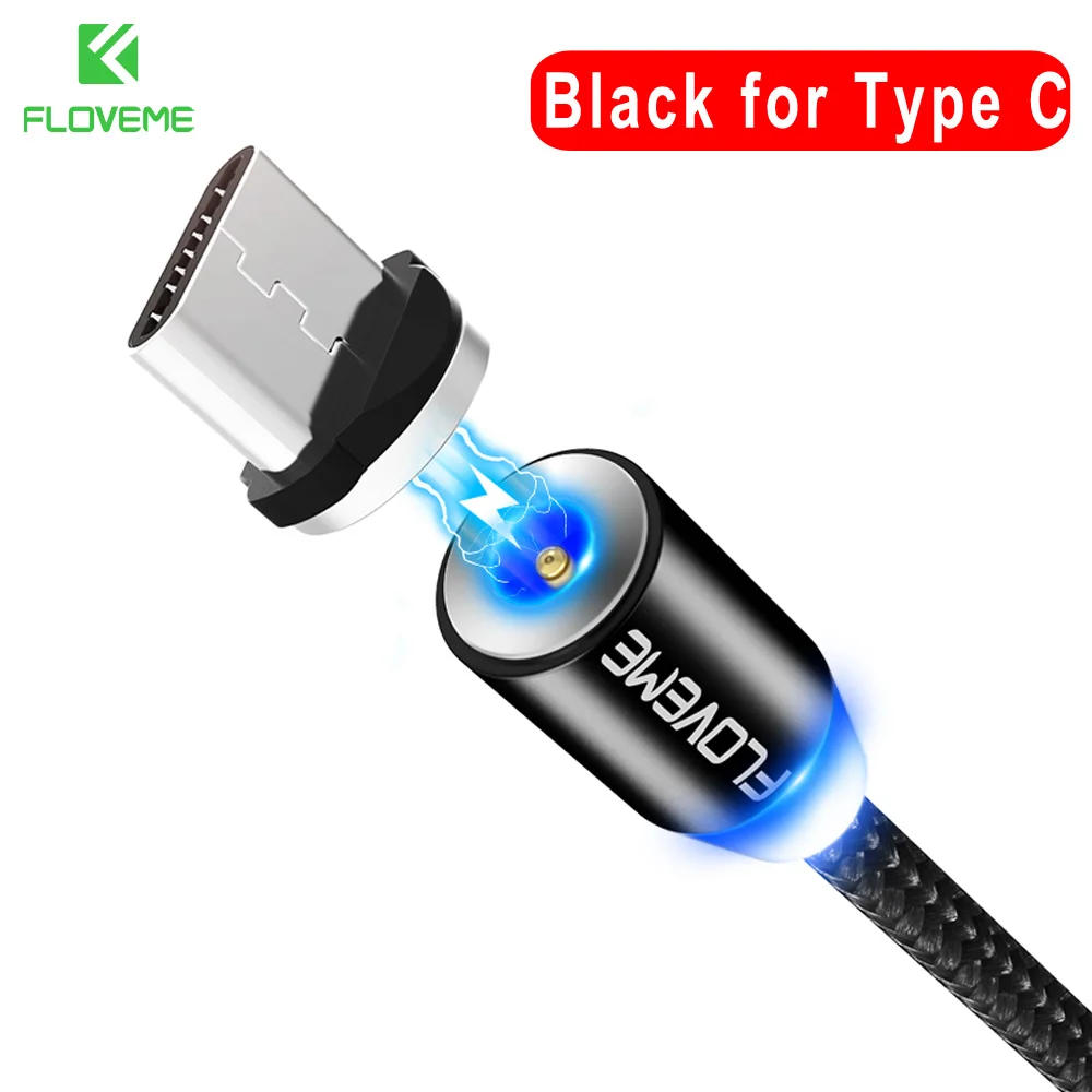 FLOVEME 1 м/2 м светодиодный магнитный кабель, Micro USB кабель type C Магнитный зарядный кабель 2A Плетеный телефонный кабель для iPhone Xr Xs X samsung usb c - Цвет: Black Type C