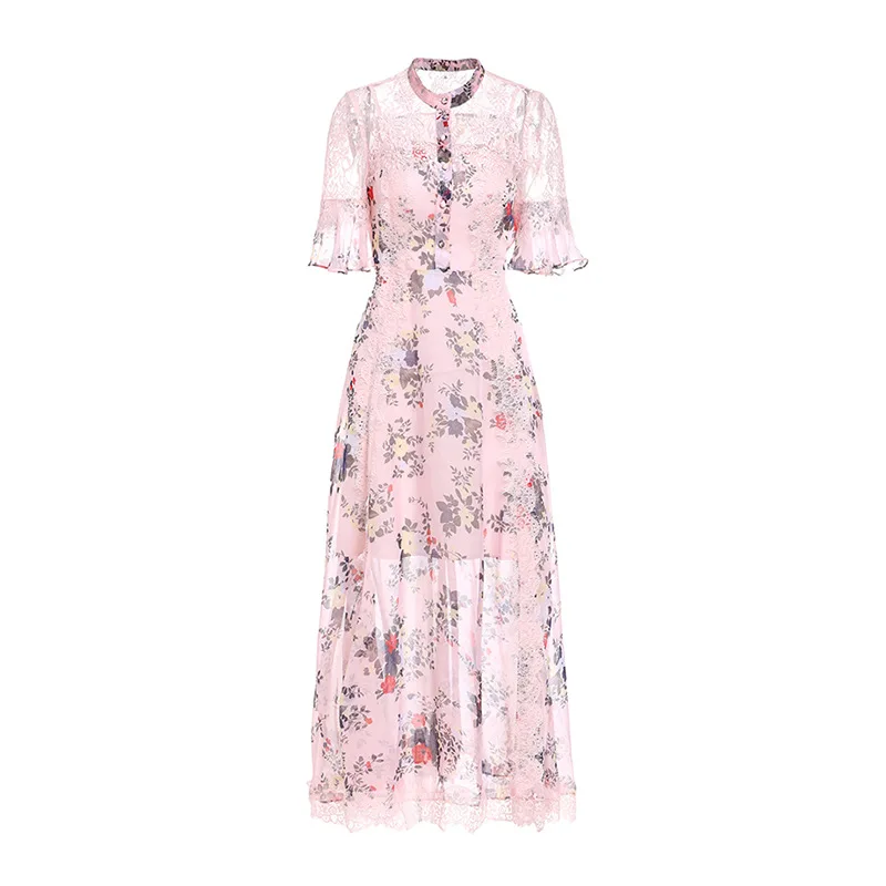 Hoge kwaliteit 2019 Zomer Mode Nieuwe Designer vrouwen Jurk Vrouwen Pailletten Bloem Print Stiksels Kant Grote Swing Dames Jurken