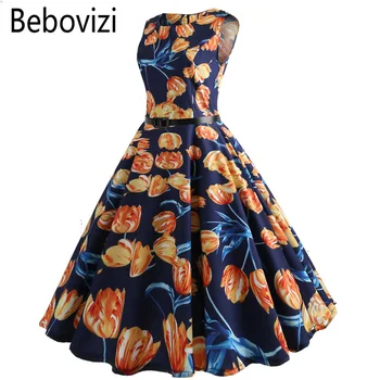 

Bebovizi Vivid Floral Party Elegant Vintage Dress For Women Robe Femme Office 2018 Casual Sleeveless Summer Midi Dresses