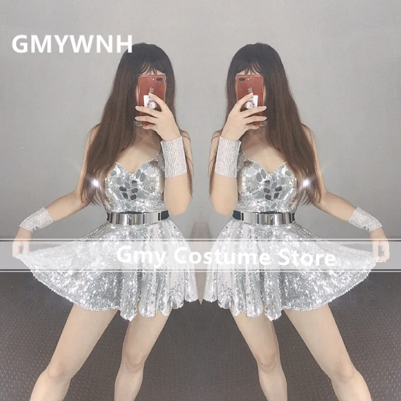 

EC62 Silver mirror ballroom dance costumes dj singer stage wears dress skirt Sequin party clothe bar performance sexy outfit ktv