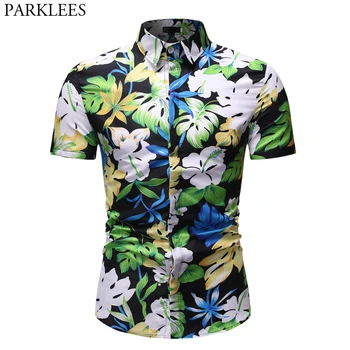 

Summer Fashion Beach Hawaiian Shirt Men Short Slevee White Floral Print Tropical Aloha Shirts Mens Party Holiday Camisa Hawaiana