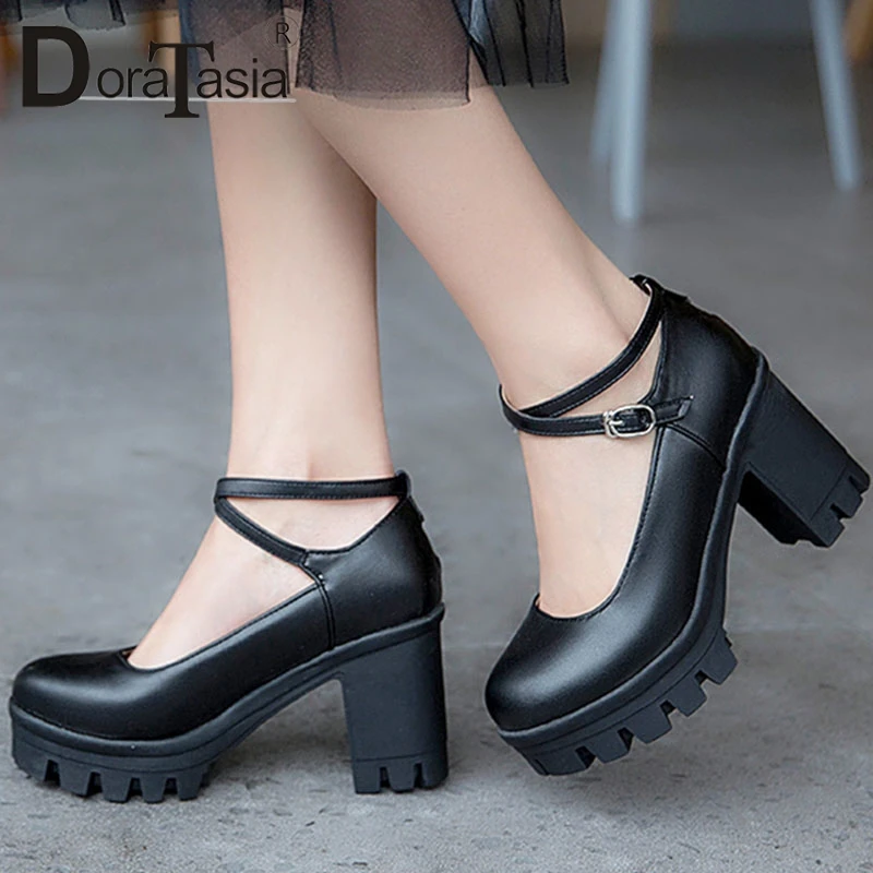 

DoraTasia 2019 New Large Size 32-43 Buckle Strap Chunky High Heels Pumps Shoes Woman Platform Party Date Shoes Woman Pumps