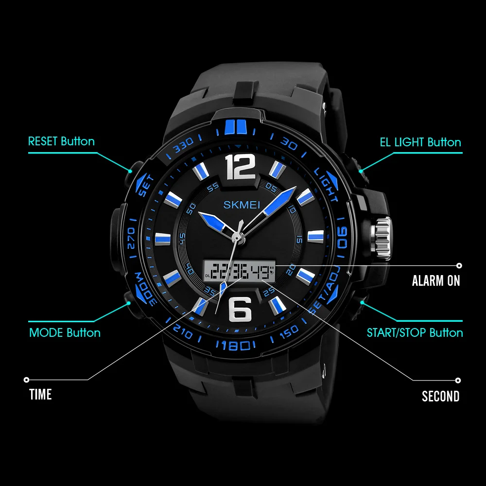 SKMEI мужские спортивные часы с большим циферблатом водонепроницаемые Chrono