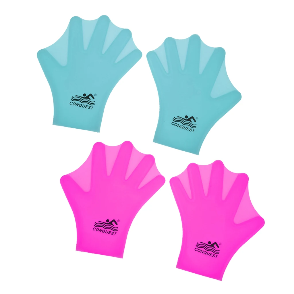 

2 Pairs Unisex Children Swim Webbed Gloves Full Finger Hand Paddles Training Aids for Diving Swimming Surfing Kids Blue+Pink