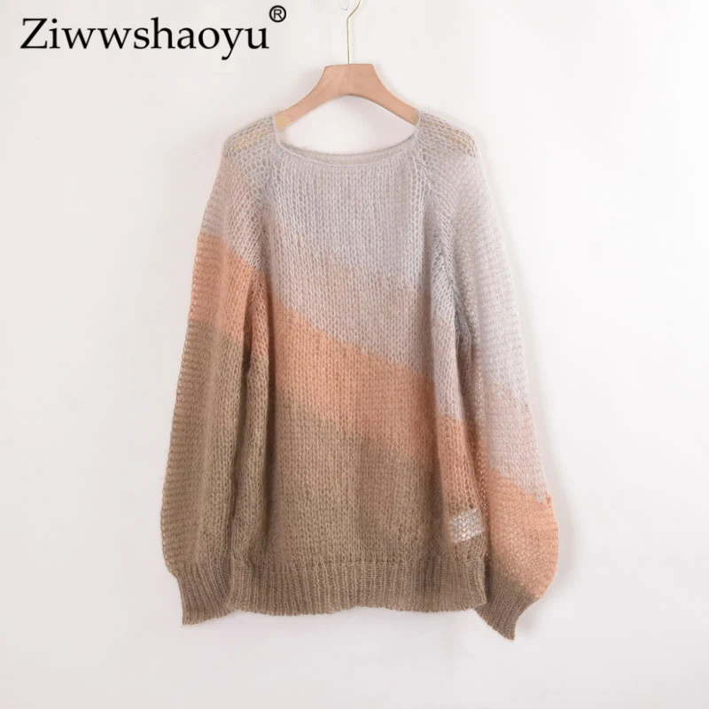 

Ziwwshaoyu Autumn O-Neck Hollow Color matching fashion Loose Mohair knitting Sweater New women's