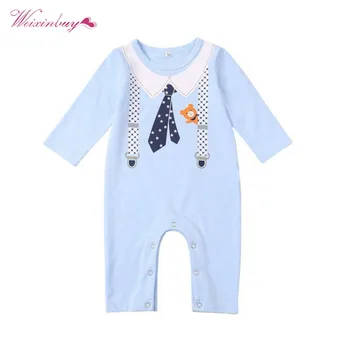 

Spring Baby Cotton Rompers for Boys and Girls Blue gentleman Bear Rompers Full Sleeve Solid O-Neck Clothing