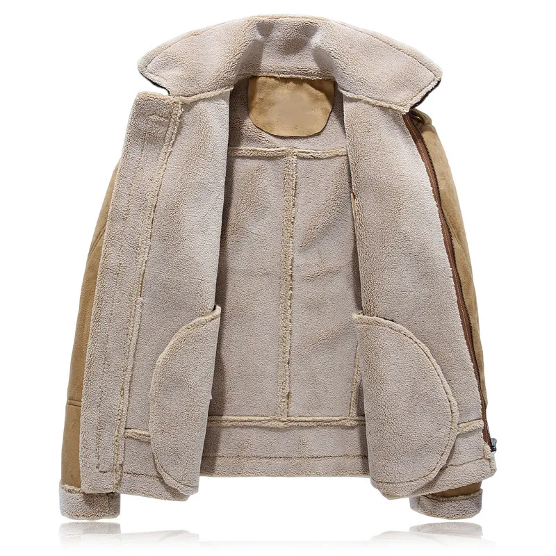 Мужская куртка из замшевой кожи, толстая теплая куртка и пальто для зимы, один мех, кашемир, карманы, застежка-молния, хлопок, овечья шерсть