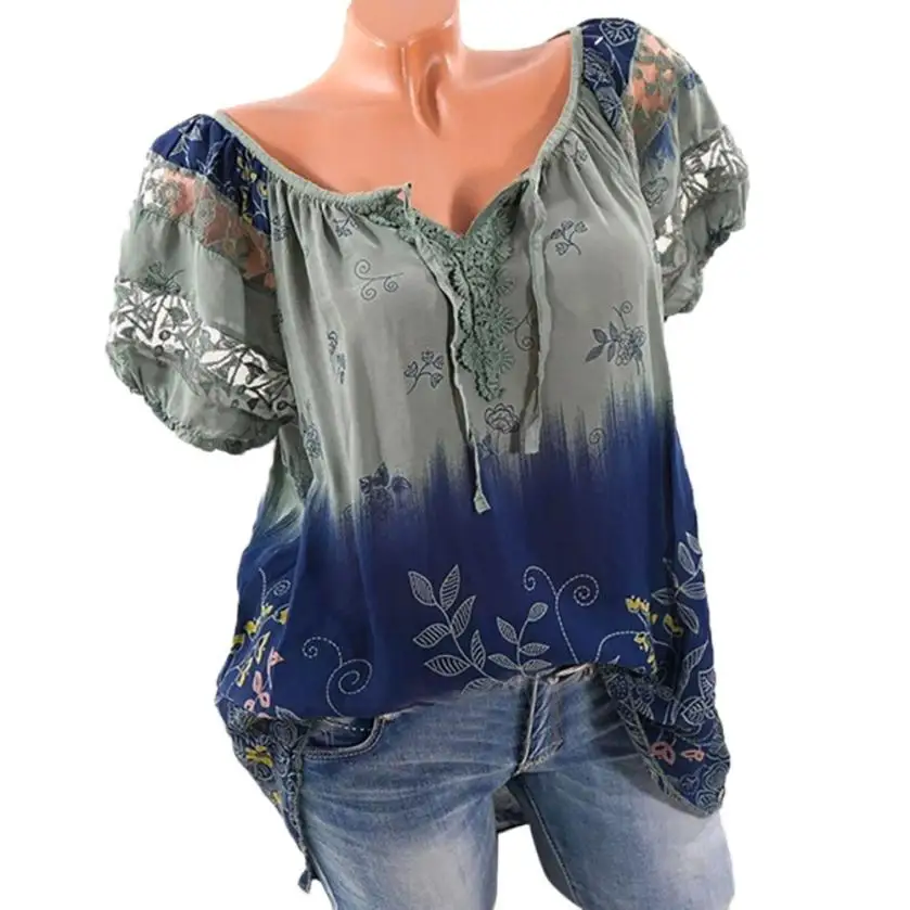

woweile # 5008 Women Short Sleeve V-Neck Lace Printed Lace Tops Loose T-Shirt