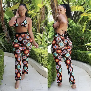

Sexy Crochet Halter Lace Up Bra Vest Crop Top And Bodycon Pants Two Piece Set Summer High Waist Holiday Beach Outfit Women Suit