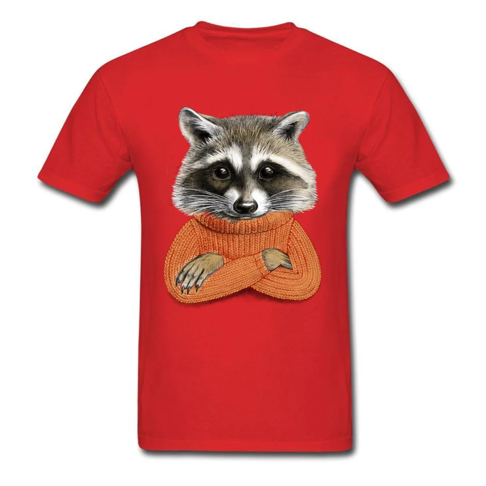 Normal Short Sleeve Tops Shirt Summer/Fall O-Neck 100% Cotton Men Tshirts Raccoon in winter sweater Normal Tee Shirts Fashion Raccoon in winter sweater red