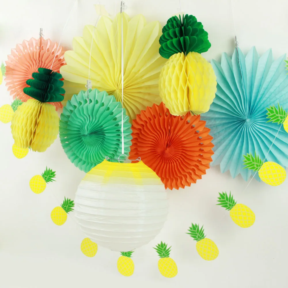 

Summer Party Decoration Set (Lantern,Paper Fans,Pineapples Garland) Tropical Hawaiian Birthday Bridal Show Pool Party Pack of 9