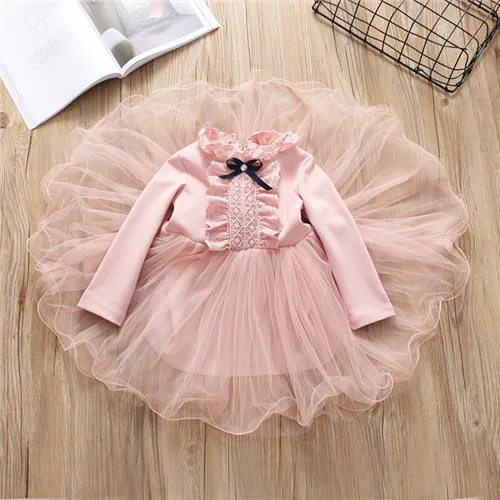 Fanfiluca/платье для маленьких девочек; кружевные вечерние платья принцессы для девочек; Детские платья с длинными рукавами для девочек; одежда для детей - Цвет: Розовый