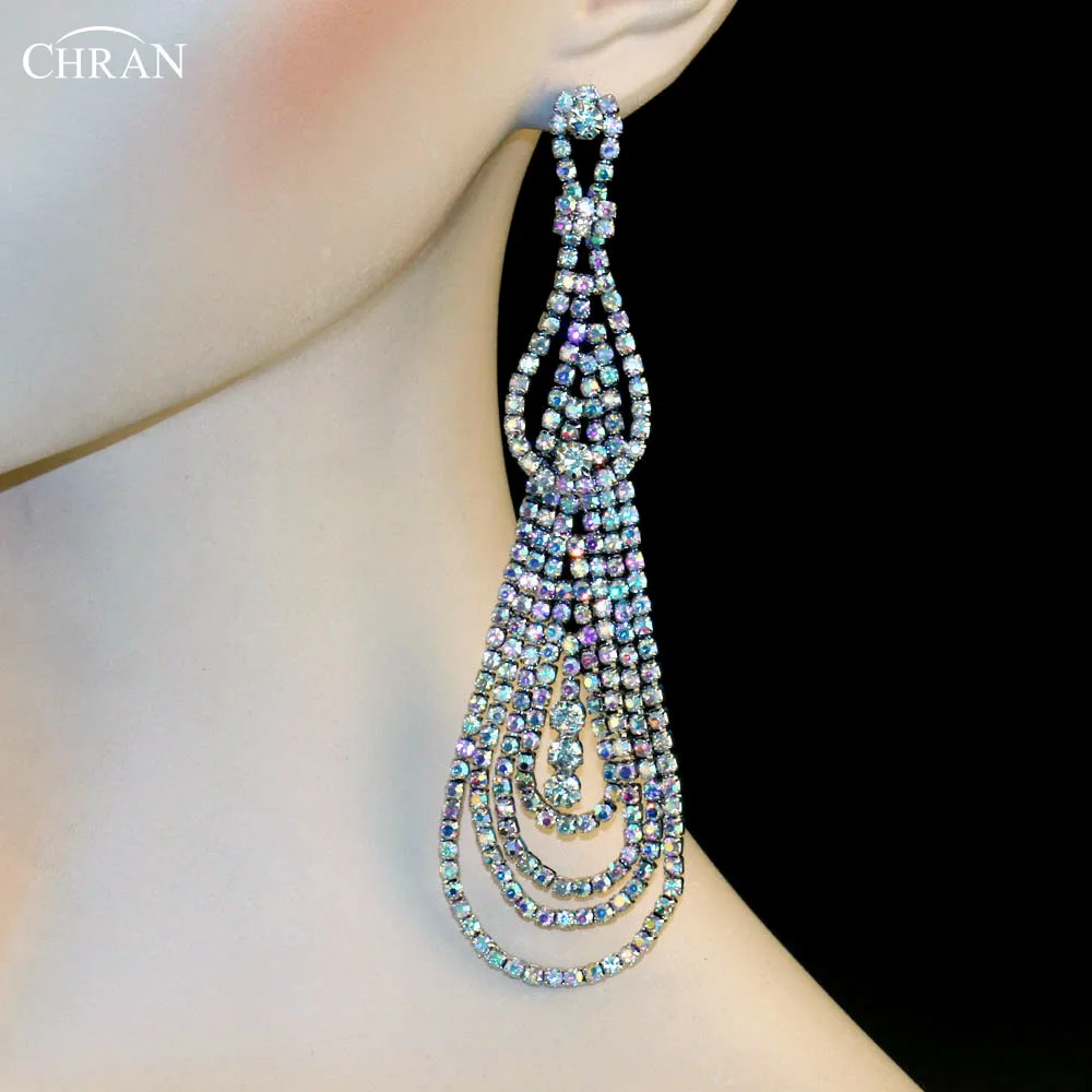 

CHRAN Elegant Brand Wedding Party Earrings Jewelry Luxury Silver Plated AB Rhinestone Chandelier Long Dangle Earrings for Women