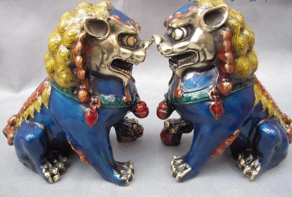 

Chinese Folk Copper Bronze Painted Fengshui Evil Foo Dog Lion Kylin Kilin Pair