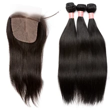 Brazilian Virgin Human Hair Weave Bundles With Silk Base Closure Straight Human Hair Extensions 4×4 Silk Base Closure CARA