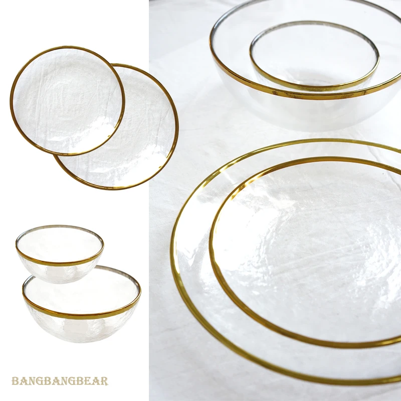 

Transparent glass tableware Gold edge European handmade glass dish hotel