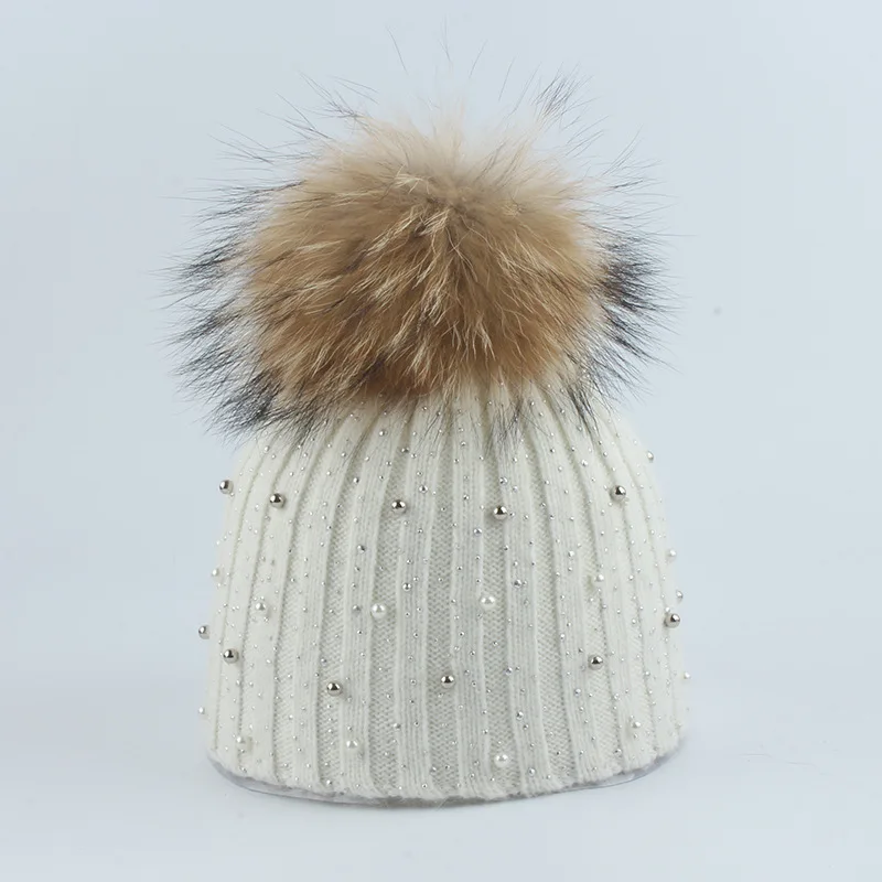 

Beanie Women Winter Knit Hat Angora Warm Pearl Rhinestone Real Raccoon Pom Pom Headwear Autumn Outdoor Skiing Snow Accessory