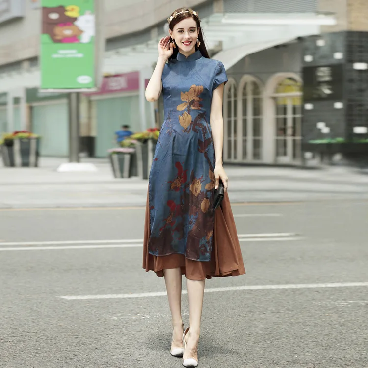 Осень азиатских Костюмы аозай Вьетнам традиционное Ципао Для женщин Китайский обтягивающее платье Chinoise современный Цветочный принт Aodai - Цвет: Синий