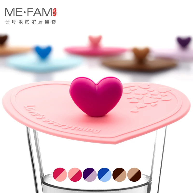 ME.FAM Fashion Lovely Heart-shaped Silicone Cup Cover 11cm Seal Dust-proof Can Clip Spoon Copa Lid Glass Ceramic Plastic Mug Cap