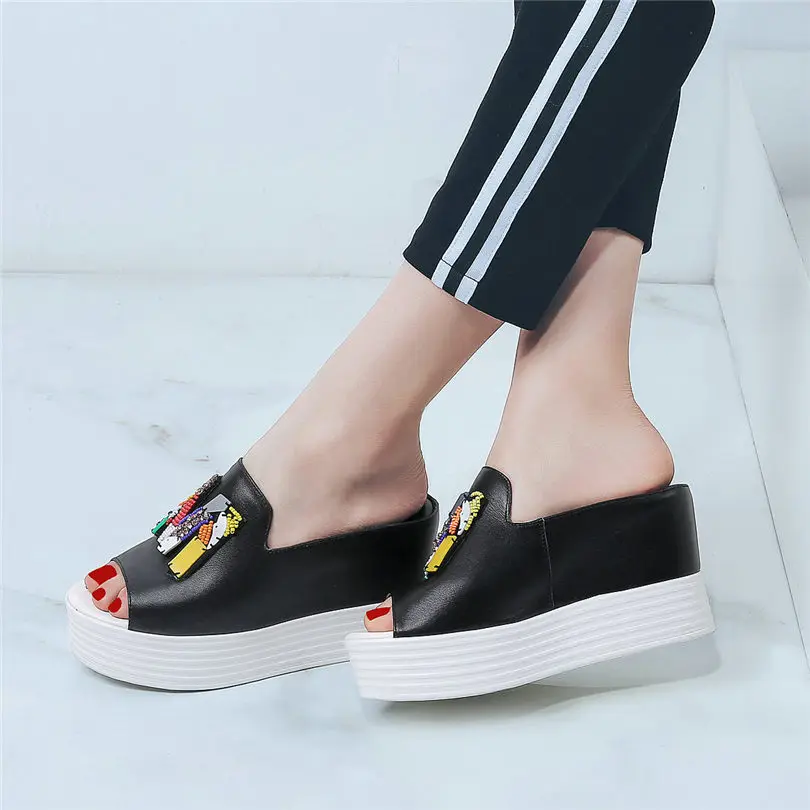 

New Creepers Women Slides Cow Leather Embroider Wedges Platform Slippers Outside High Heel Rivets Pumps Party Punk Oxfords Shoes