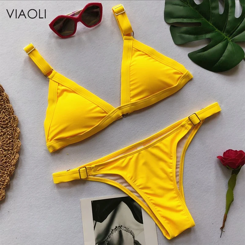 

Solid Color Button Swimsuit Women Push Up Sexy Adjustable Triangle Bikini Set Swimwear Padded Bathing Suit Low Waist Thong Beach