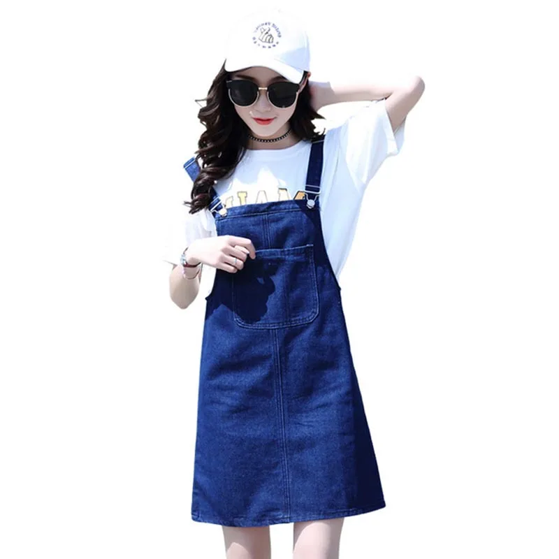 

Summer Women Denim Dress Korean Style Girls Casual Slim Denim Overalls Female Blue Spaghetti Strap Jeans Midi Dress Plus Size