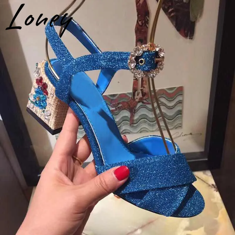

Loney New Quality Brand Designer Crystal Floral Summer Sandals Open Toe Buckle Strap Thick Heel Dress Sandals Shoes Women