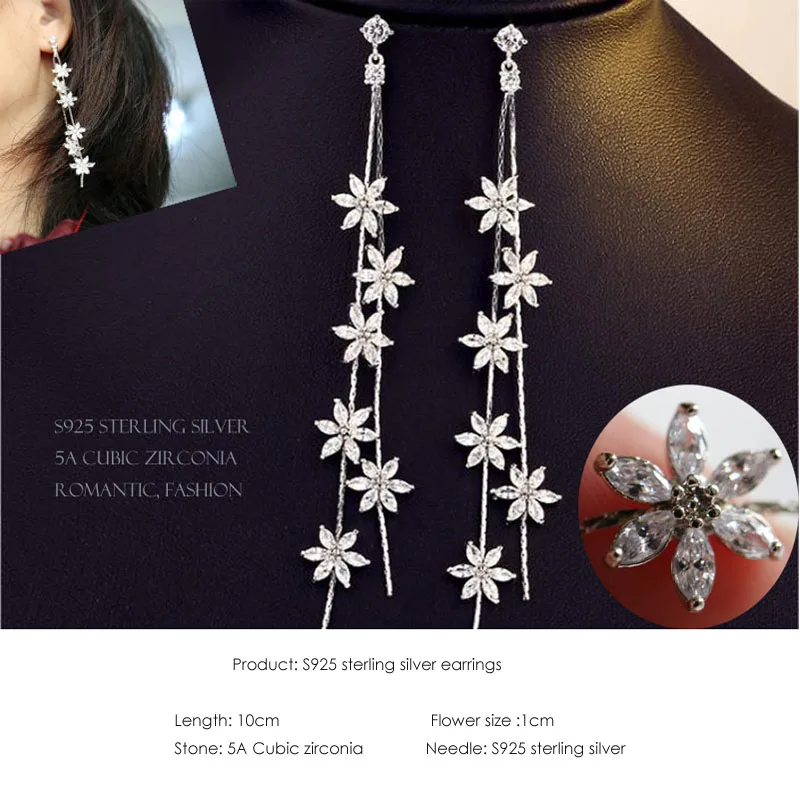 

Fashion long Crystal flower 925 sterling silver earings for women Silver S925 jewelry tassel stud earring cz earing female