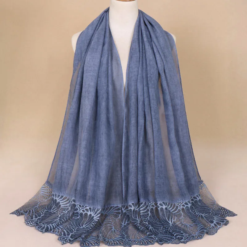 Галстук-крашеный арабский хлопок женский пакет шарф кружева мусульманский тюрбан сплошной цвет раздельный головной убор хиджаб оптом - Цвет: 6 cowboy blue