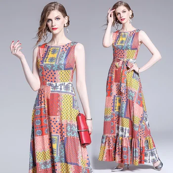 

womens woman ladies Designer summer printed sleeveless belt runway slim long maxi Cocktail party Swing dress clothes for women