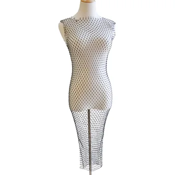 

2019 Women Summer Mesh V Neck Dress Metal Alloy Rhinestone Body Chain Sexy Bikini Cover Up Beach Dress Hollow Out One Piece Tops
