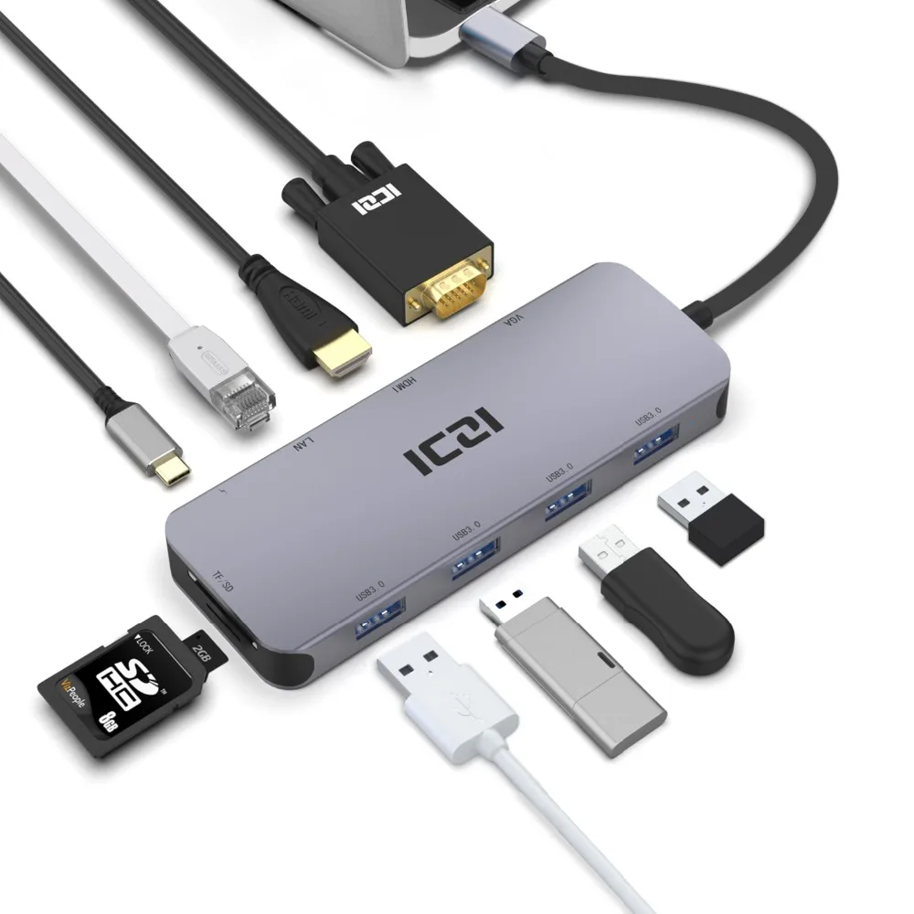 ICZI USB C концентратор 10 в 1 Тип C до 4K HDMI VGA USB 3,0 кард-ридер RJ45 Мощность конвертер для MacBook samsung S10 huawei P30