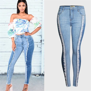 

2018 New fashion streetwear mid high waist jeans woman Side Stripe Panelled Tassel denim trousers women plus size skinny jeans