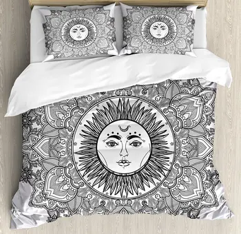 

Mandala Duvet Cover Set Sun Religious Figure Illustration Yantra Mandala Ethnic Floral Pattern Bohemian Bedding Set White Black