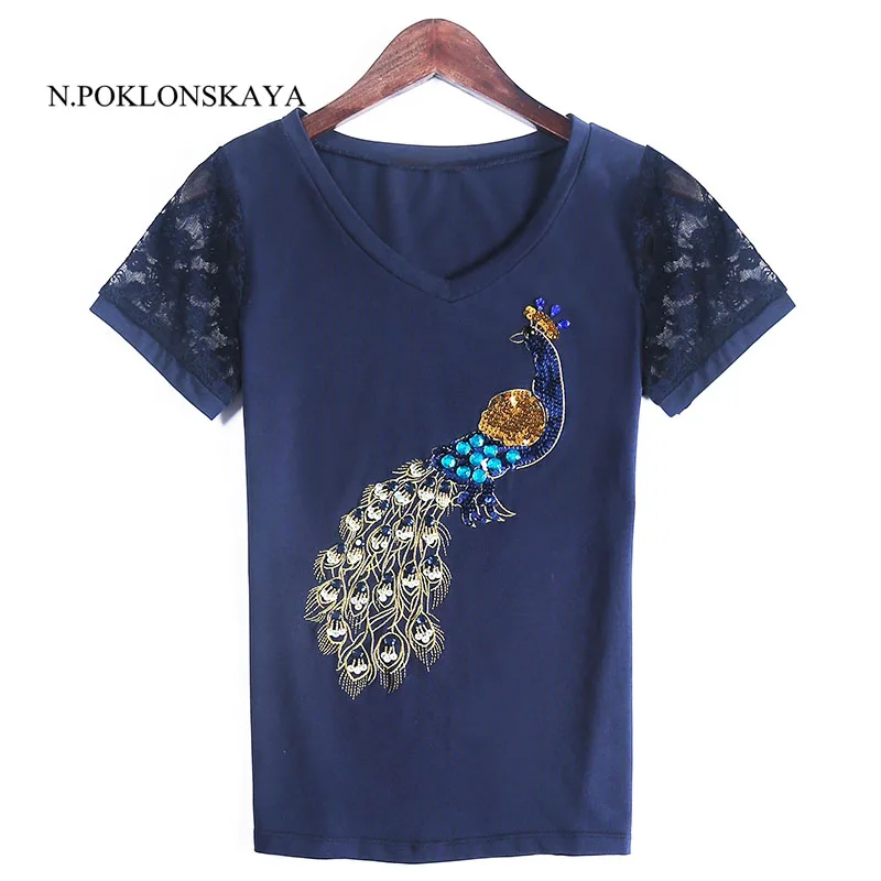 

N.POKLONSKAYA Brand Summer Women Cotton Lace T Shirt 2017 Female V Neck Sequins Peacock Harajuku Tops Plus Size Vetement Shirt