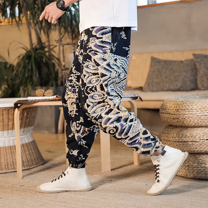 LOLDEAL Spring Summer Hanging Pants Chinese Style Casual Loose Nepal Pants Linen Pants Men's Big Pants