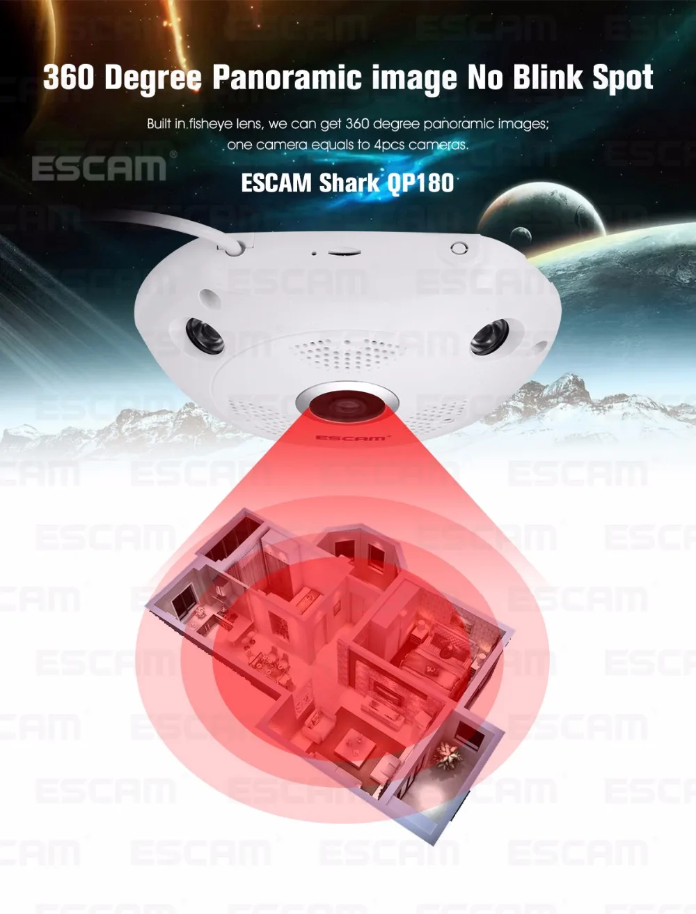 ESCAM рыбий глаз камера поддержка VR Box QP180 Shark 960P IP WiFi ...