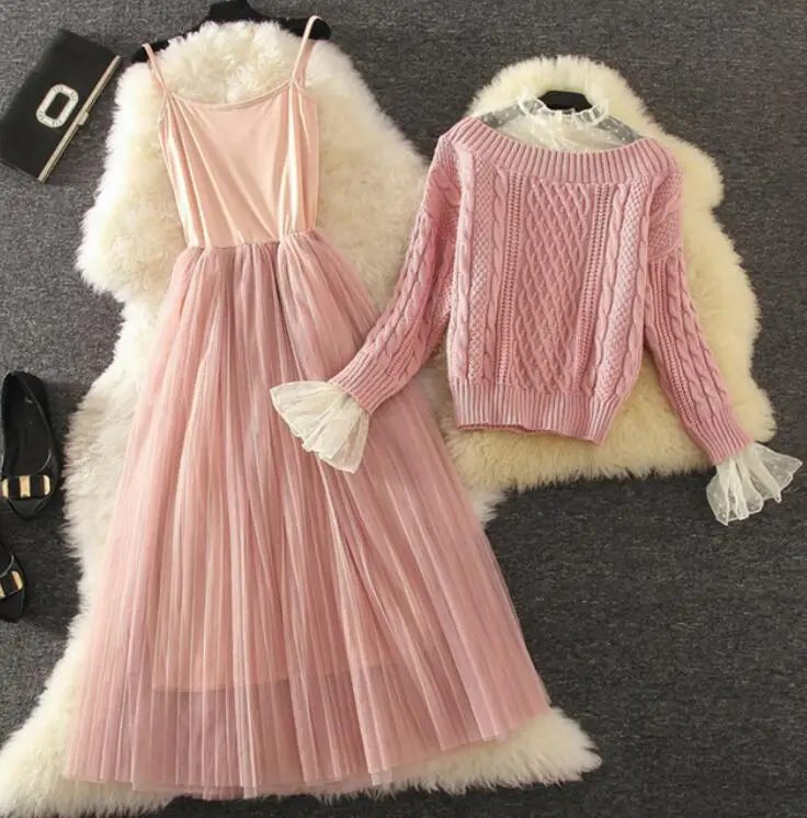 

2018 New Spring Autumn Women's Sweet Mesh Stitching Pullover Sweater + Sleeveless Long Gauze Dress Two Piece Ladies Dress Set