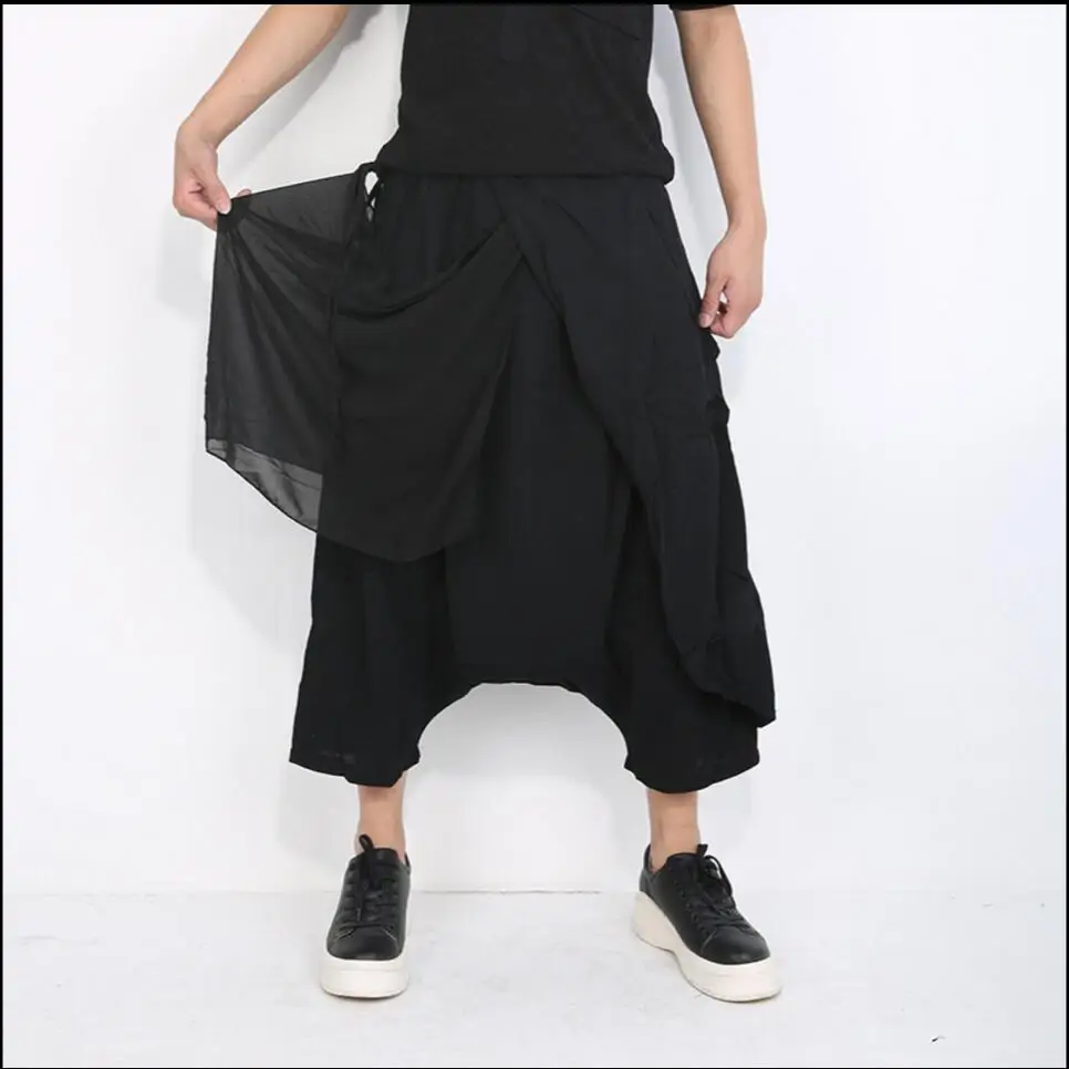 New Harem pants men fashion loose solid color casual capris patchwork