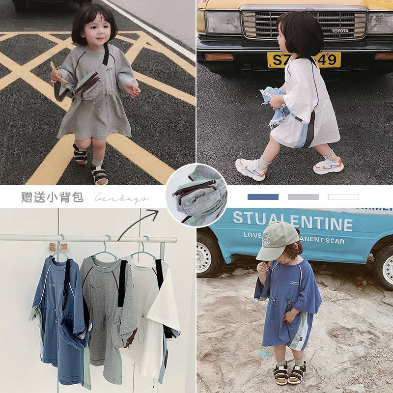 

2019 Summer New Baby Girls Street Sport Stitching Draw String Dress Children Loose Leisure Dress Kids Clothing