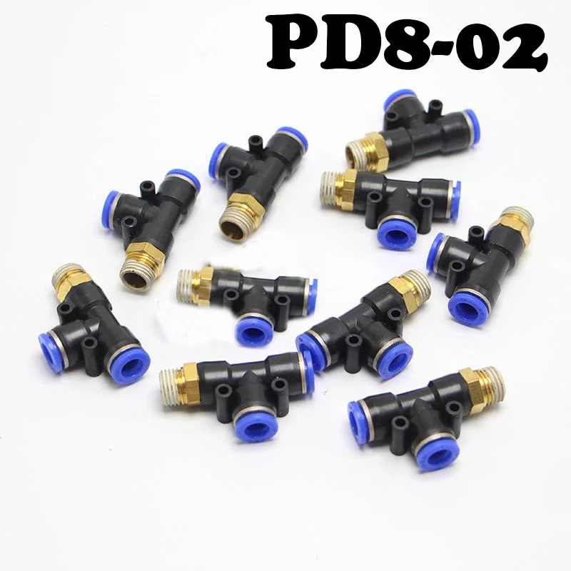 

10 Pcs/Lot PD8-02 T-Type Side of the Three-Pass Pneumatic Fittings tube Connector 10mm thread 1/4" PD5/16-02 Fitting One Touch