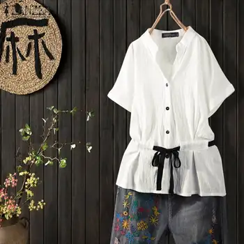 

Plus Size ZANZEA Women Summer Short Sleeve Shirt Vintage Cotton Linen Tops Femme Buttons Lace Up Blouse Robe Work Blusas Tunic