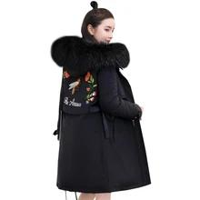 Новинка, зимняя куртка на 90% утином пуху, женское длинное пуховое пальто с вышивкой, парки, теплое плотное пальто большого размера из искусственного меха